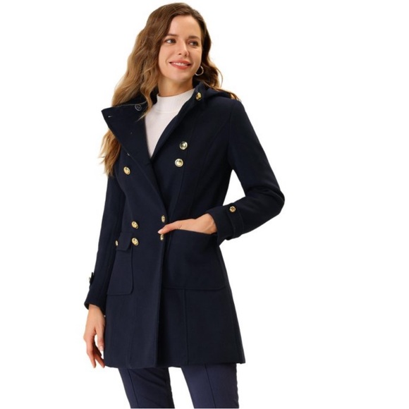 NWT! Allegra K Women's Double Breasted Hoodie Outerwear Winter Coat Navy L - Picture 2 of 6